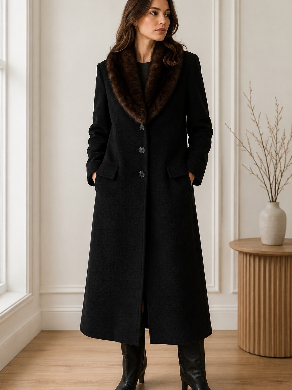 RALPH LAUREN Black Long Coat with Brown Fur Collar - Picture 6 of 7